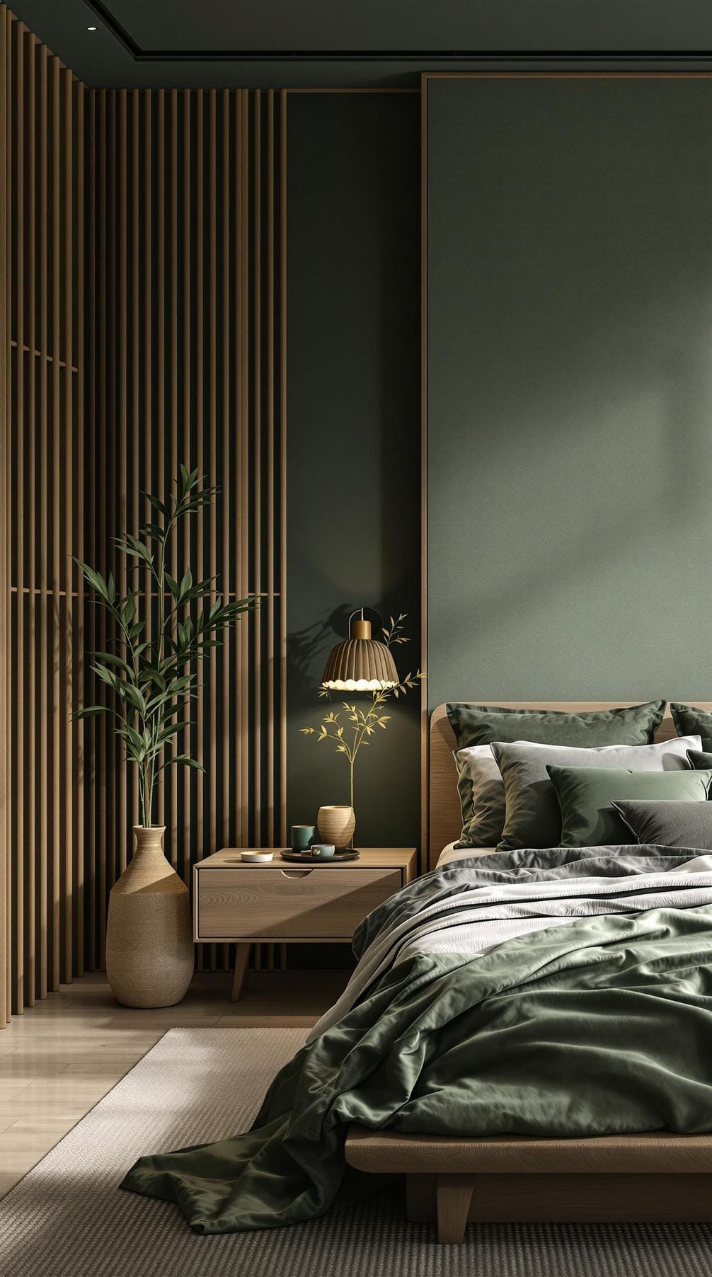 20 moody green bedroom ideas for a cozy retreat 23 7. Serene Zen: Muddy Greens Mix with bamboo elements and minimal furniture for rest-1