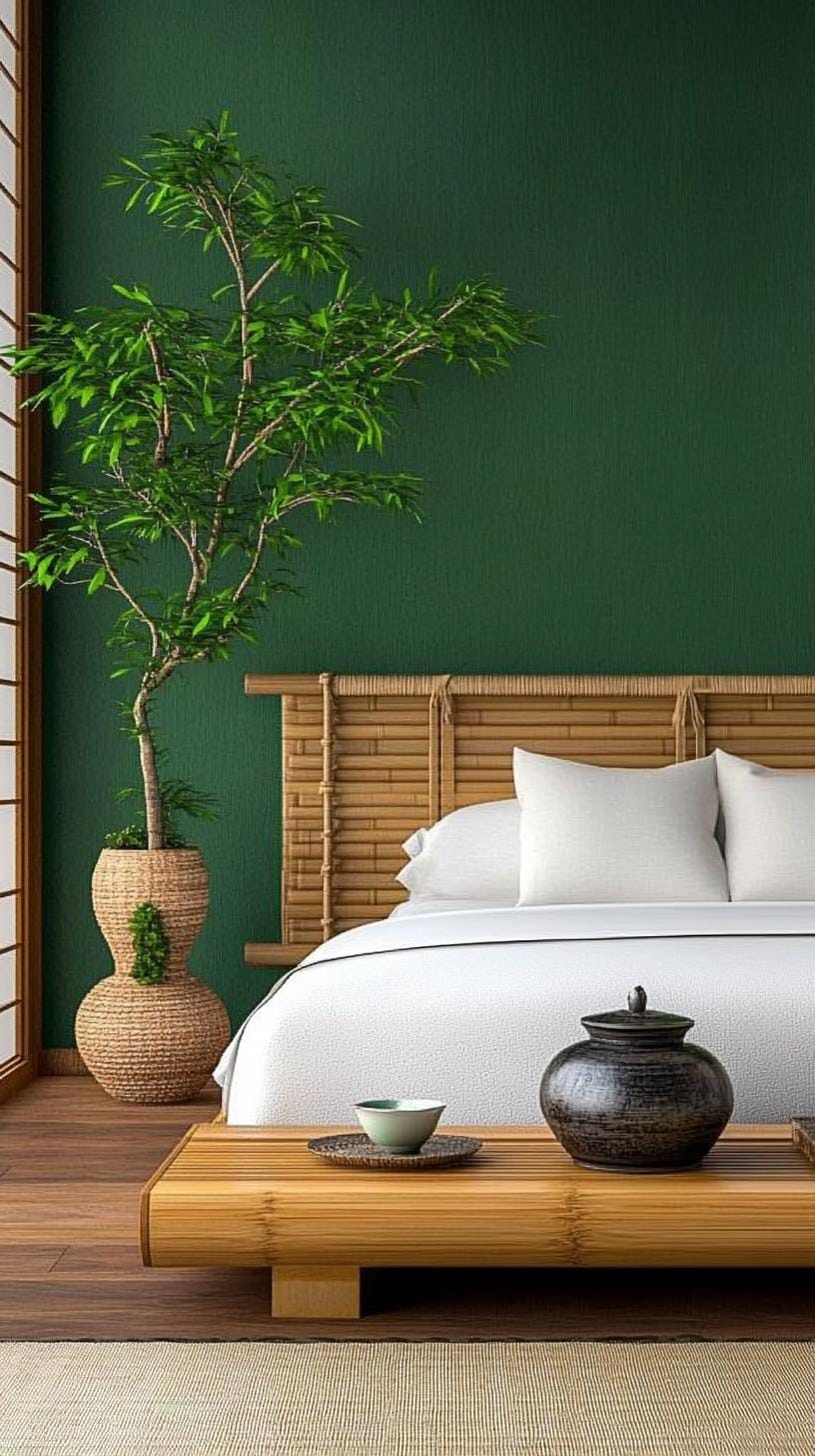 20 moody green bedroom ideas for a cozy retreat 24 7. Serene Zen: Muddy Greens Mix with bamboo elements and minimal furniture for tranquility-2