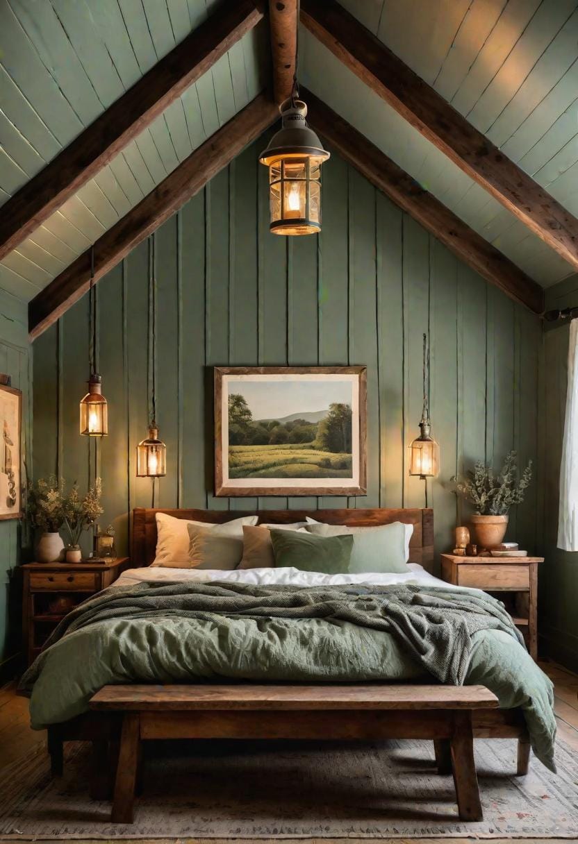 25 Trendy Sage Green Schlafzimmer Ideen für 2025 38 12. Seren, rustikaler Bauernhaus mit Salbeigrünpaneele und Vintage Lantern Lighting-0