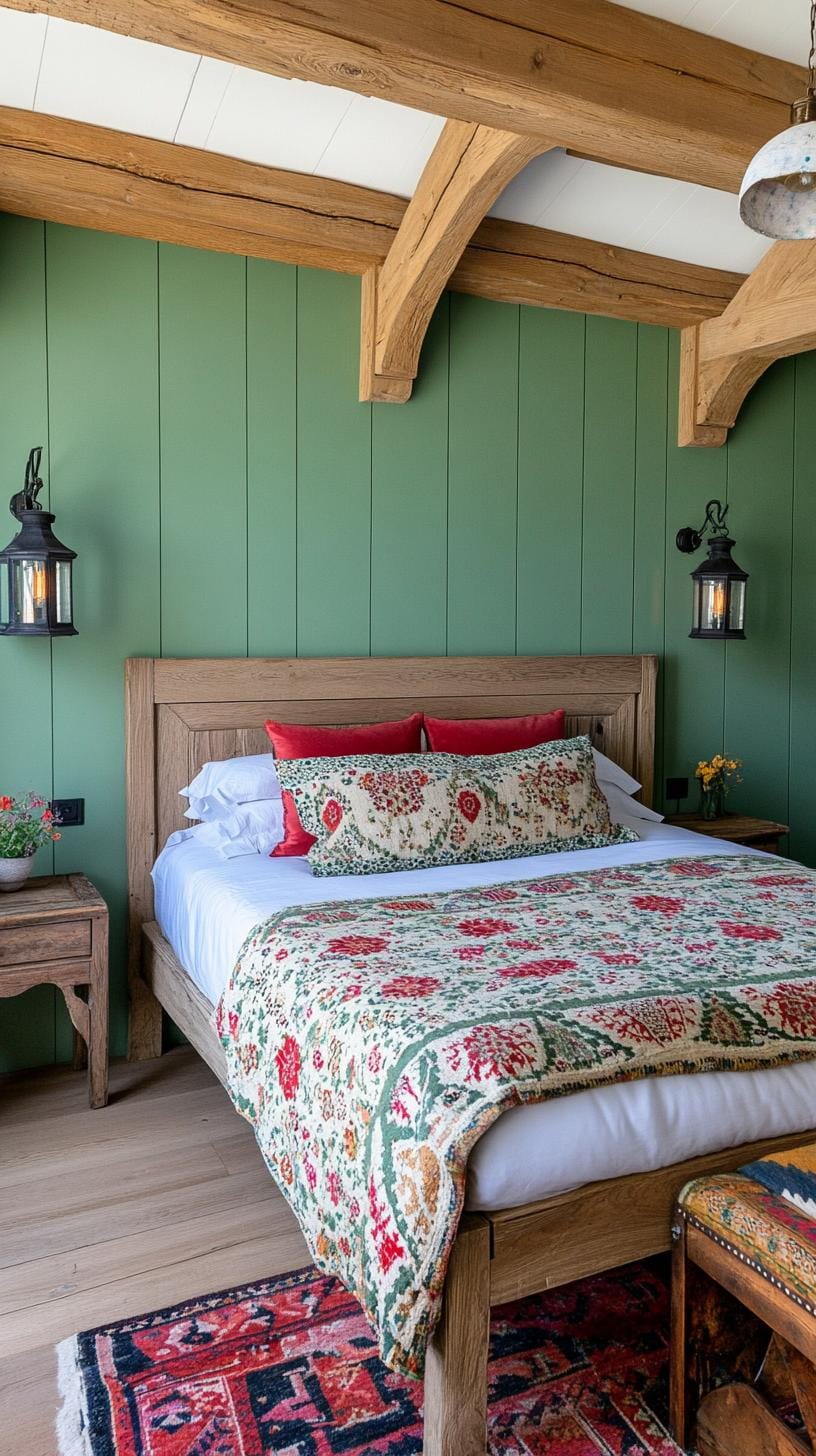 25 Trendy Sage Green Schlafzimmer Ideen für 2025 39 12. Ruhiges rustikales Bauernhaus mit Salbeigrünpaneelen und Vintage-Laterne-Beleuchtung-1