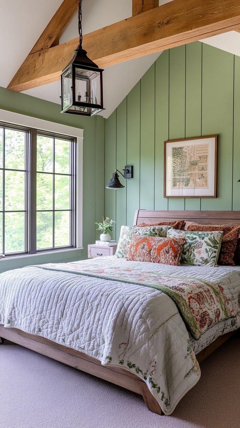 25 Trendy Sage Green Schlafzimmer Ideen für 2025 40 12. Seren, rustikaler Bauernhaus mit Salbeigrünpaneelen und Vintage Lantern Lighting-2