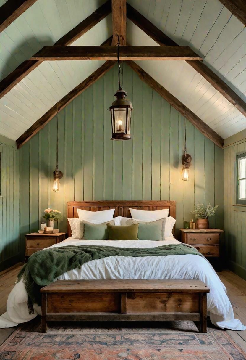 25 Trendy Sage Green Schlafzimmer Ideen für 2025 41 12. Seren, rustikaler Bauernhaus mit Salbeigrünpaneele und Vintage-Laterne-Beleuchtung-3
