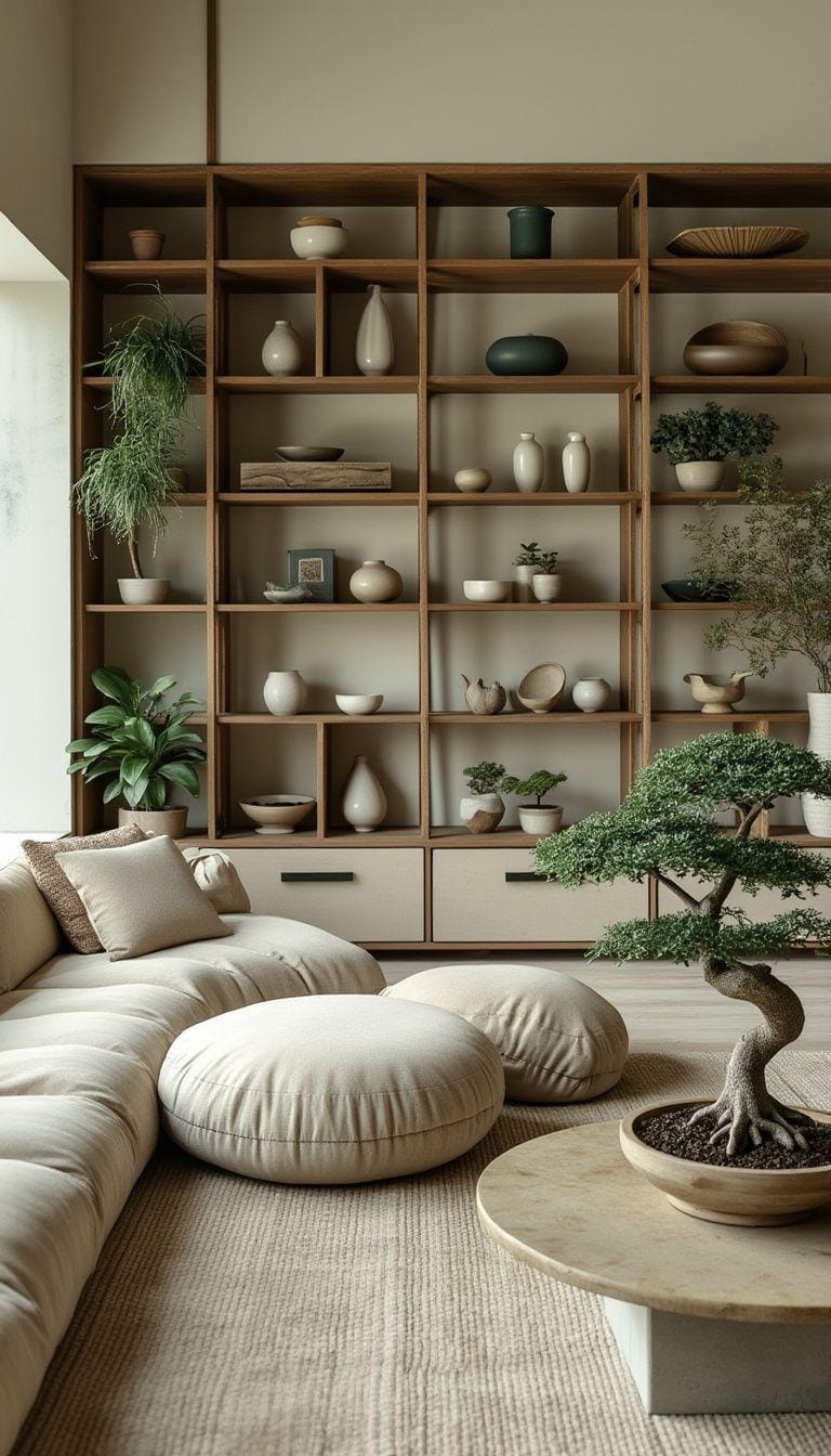 15 new Japandi living room ideas that you will love 7 3. Serenity shelf: Advertisements of organic ceramics and bonsai plants-0
