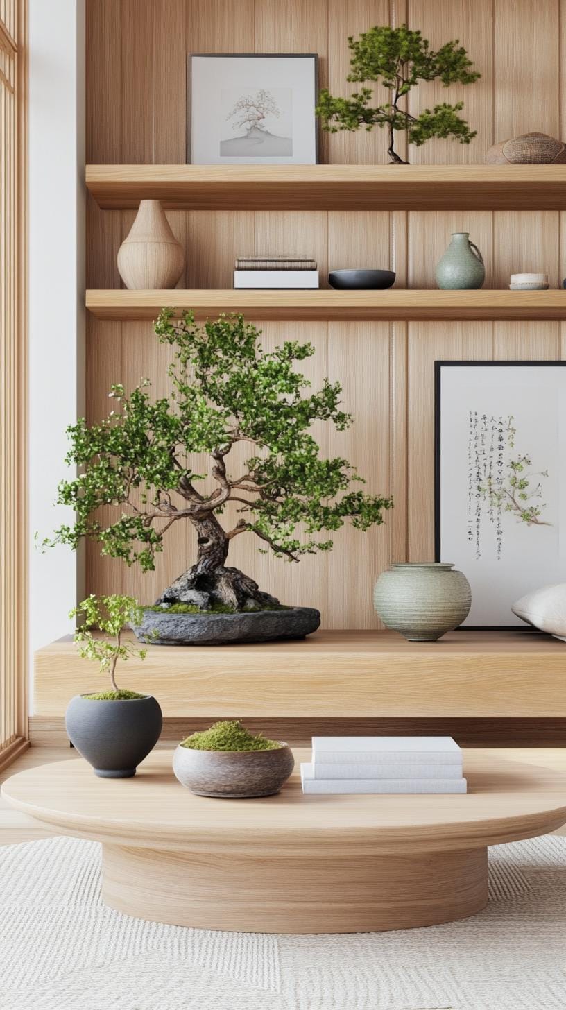 15 new Japandi living room ideas that you will love 8 3. Serenity shelf: Advertisements of organic ceramics and bonsai plants-1