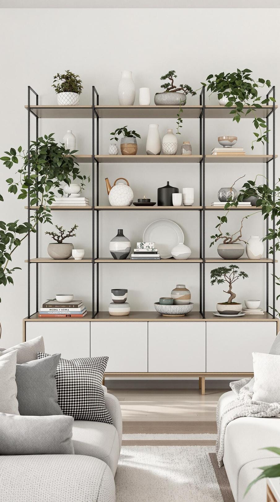 15 new Japandi living room ideas that you will love 9 3. Serenity shelf: Advertisements of organic ceramics and bonsai plants-2
