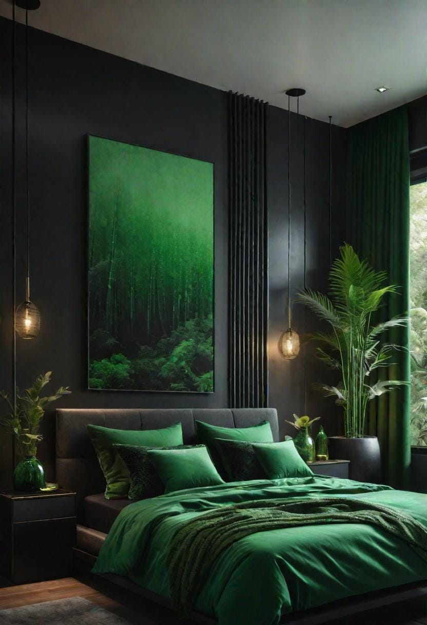 20 elegant black and green bedroom ideas that you have to see 35 11. Serenity Suite: Use black bamboo furniture with jade green bed linen for calming Energy-2