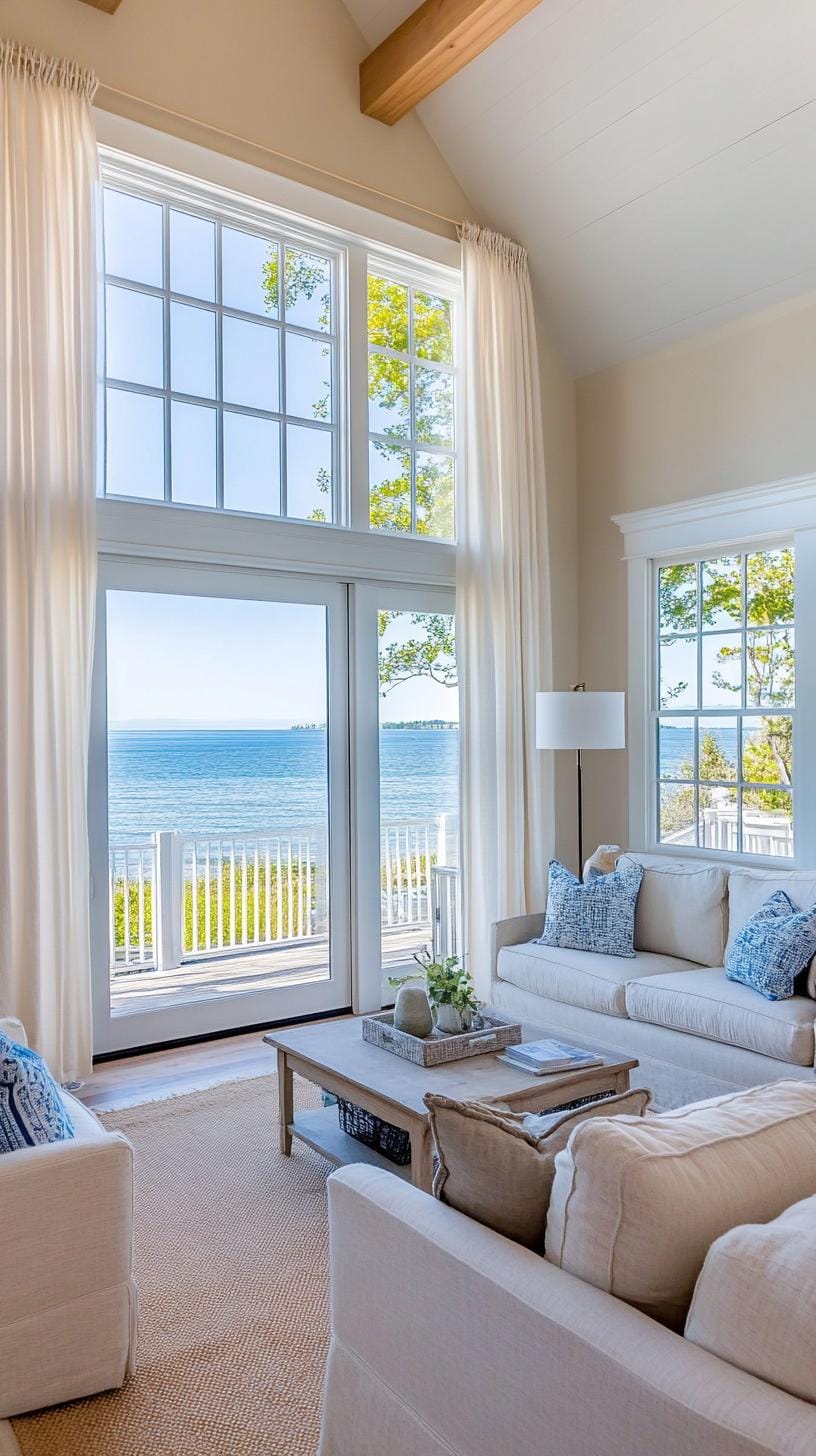 20 unique coastal farmhouse living room ideas, the WoW 37 11. Equip a large open window that is emphasized with sheer curtains for natural lighting.