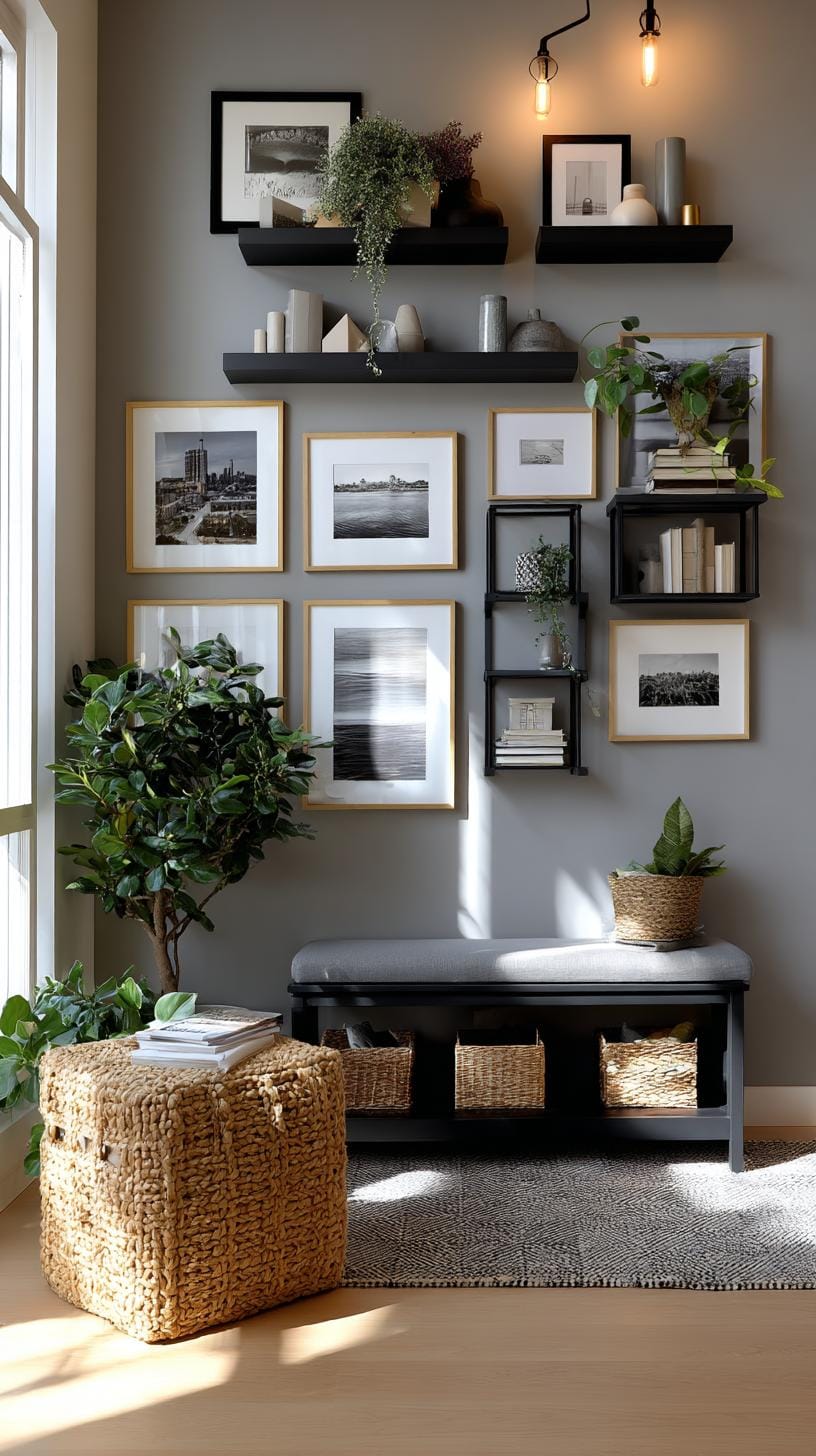 37 Gallery Wall Decor Ideas: Layouts And Styles to Elevate Any Room 78 26. Shelf integrated art wall with art displayed within and around open shelving-0
