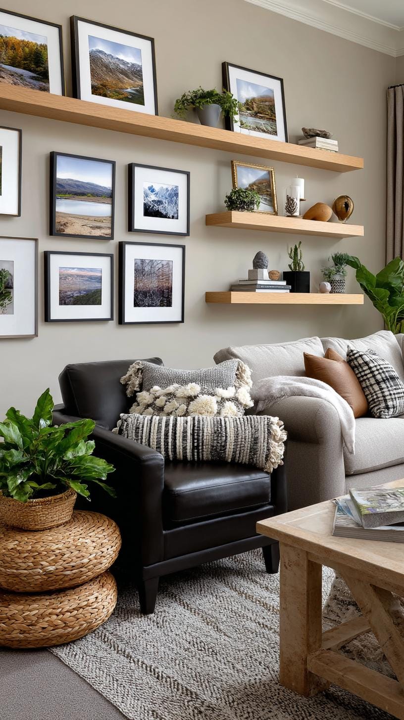 37 Gallery Wall Decor Ideas: Layouts And Styles to Elevate Any Room 79 26. Shelf integrated art wall with art displayed within and around open shelving-1