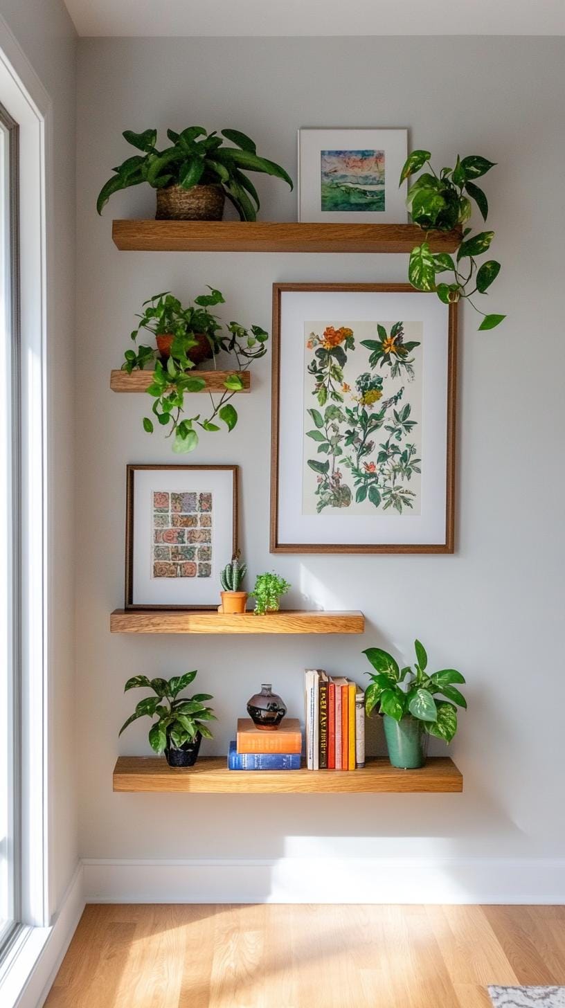 37 Gallery Wall Decor Ideas: Layouts And Styles to Elevate Any Room 80 26. Shelf integrated art wall with art displayed within and around open shelving-2