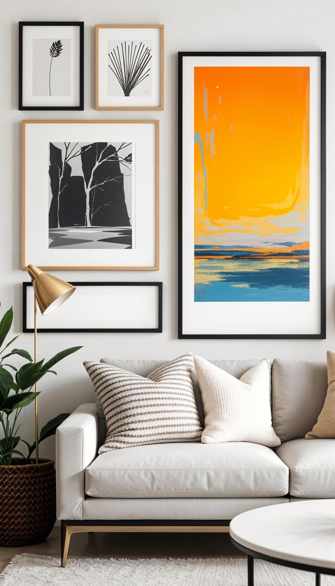 37 Gallery Wall Decor Ideas: Layouts And Styles to Elevate Any Room 45 15. Single color pop wall using neutral tones with one bold art color-0