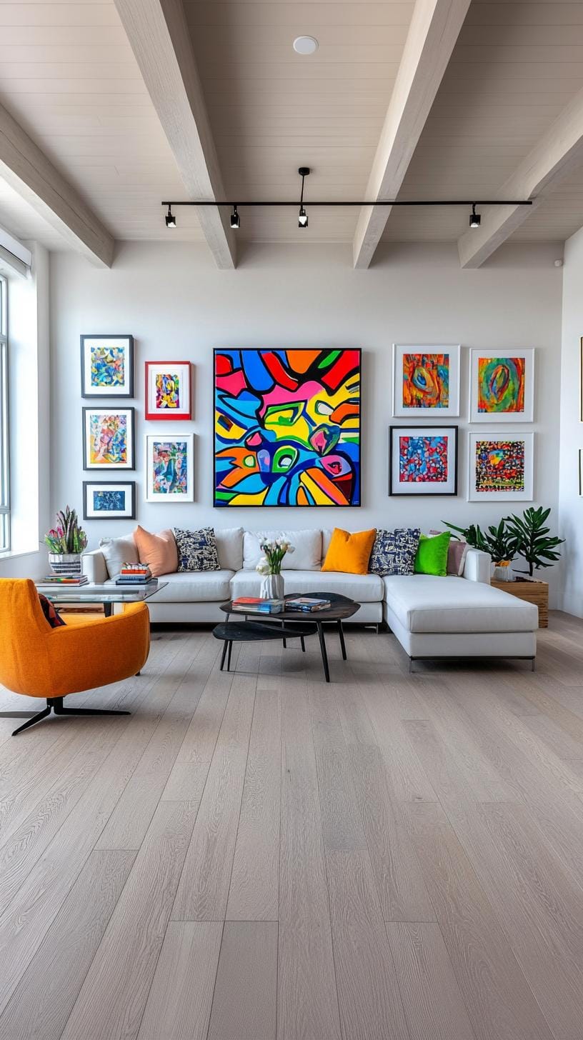 37 Gallery Wall Decor Ideas: Layouts And Styles to Elevate Any Room 46 15. Single color pop wall using neutral tones with one bold art color-1