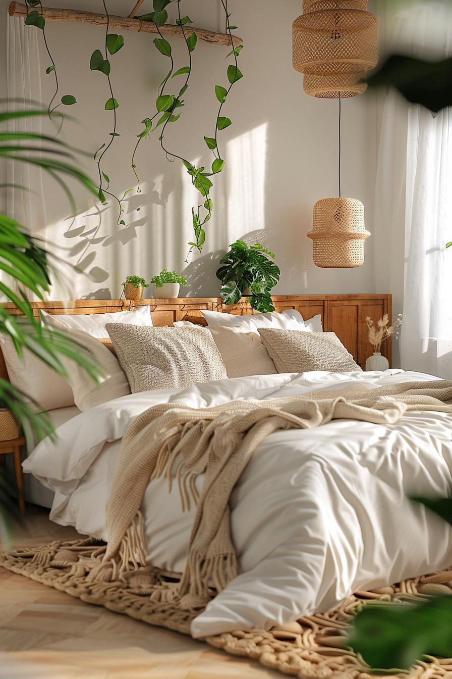 29 wunderschöne neutrale Boho -Schlafzimmer: verträumte und entspannende Räume 30 14. Schlankes Boho mit geometrischem Flair-0