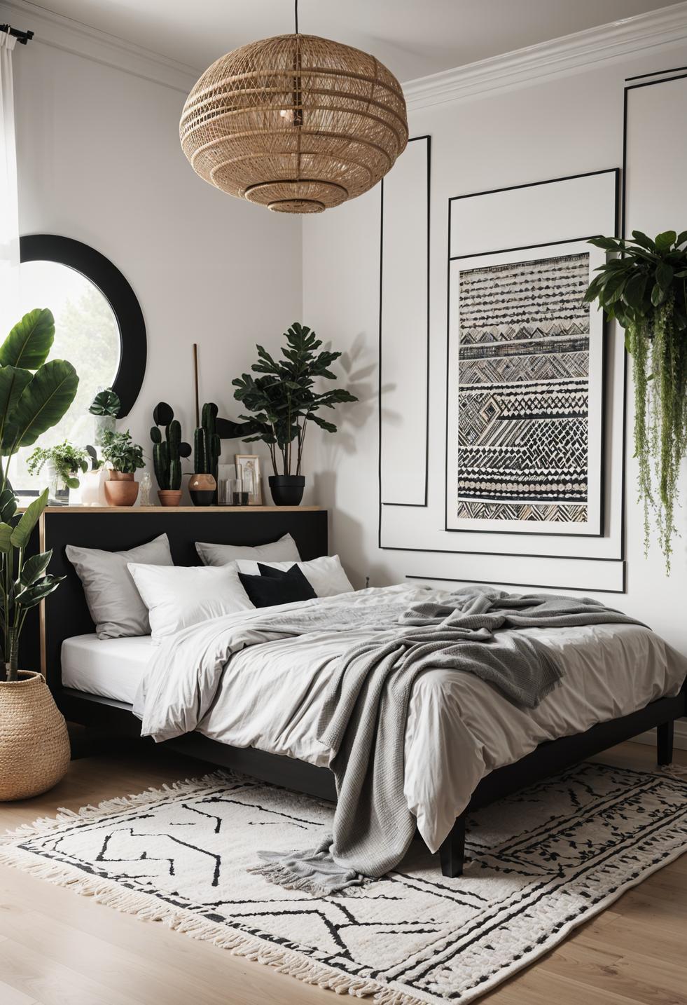 29 wunderschöne neutrale Boho -Schlafzimmer: verträumte und entspannende Räume 31 14. Schlankes Boho mit geometrischem Flair-1