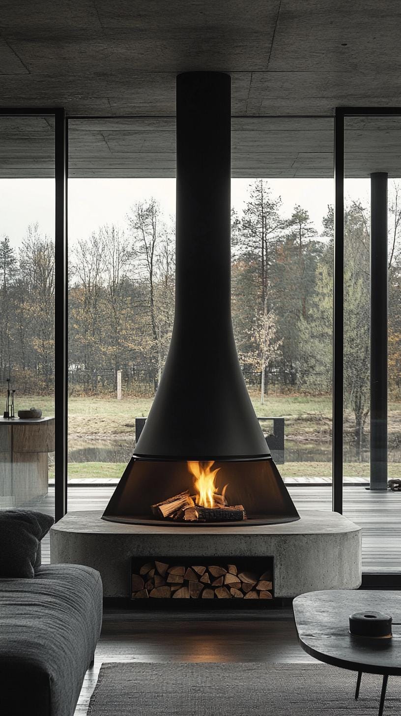 20 breathtaking mid-century modern fireplace-Makeover ideas 11 11 11 4. Leaving black metal fireplace with concrete border and wooden memory-0