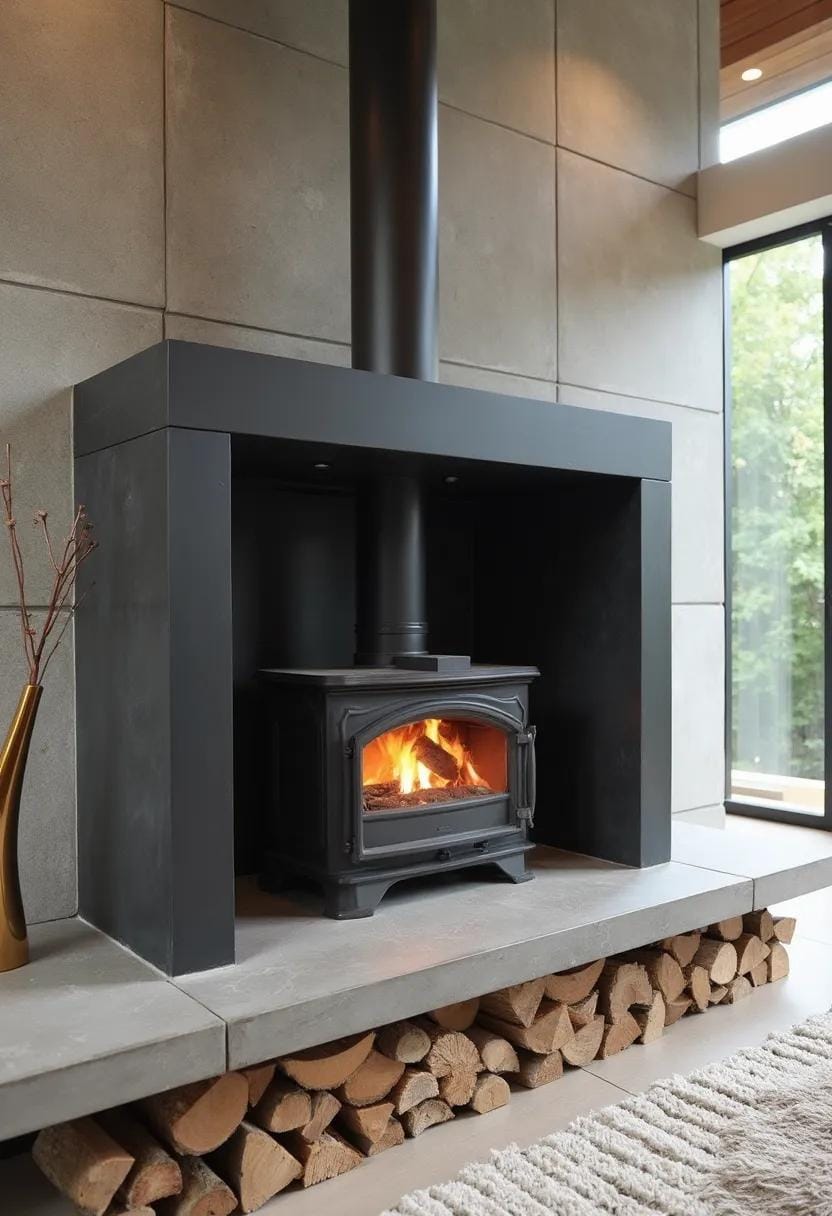 20 breathtaking mid-century modern fireplace-Makeover ideas 12 4. Lean black metal fireplace with concrete surround and wooden memory-1