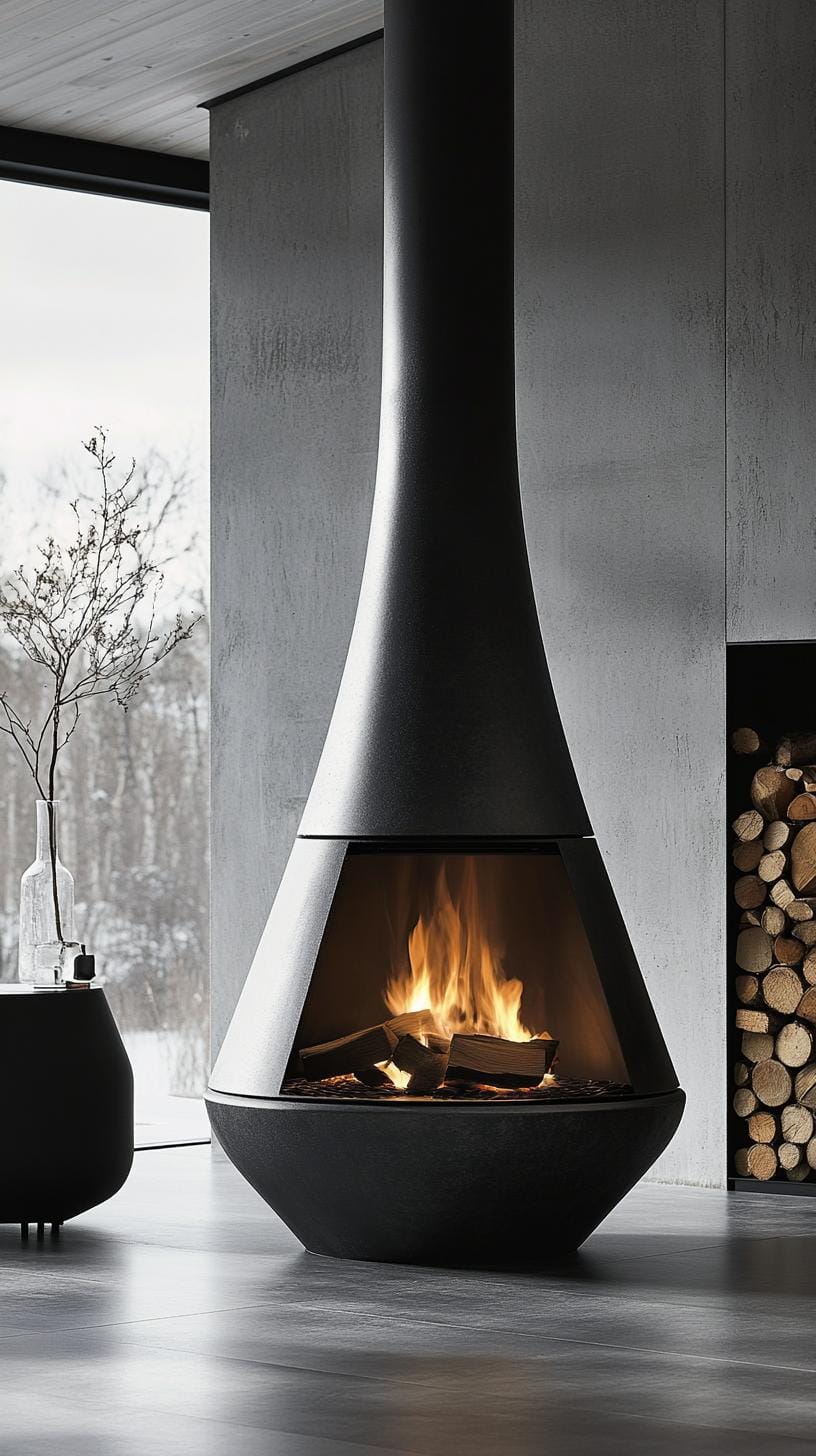 20 breathtaking middle of the century of modern fireplace-Makeover ideas 13 13 13 4. Lean black metal fireplace with concrete surround and wooden memory-2