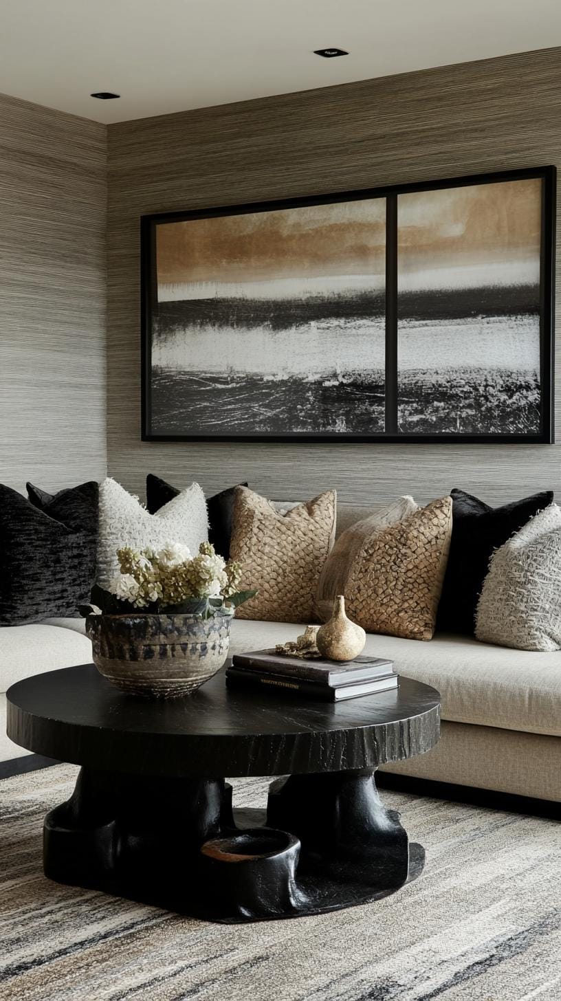 21 Cozy organic modern living room ideas for copying 55 18. Slim black or bronze metallic accents for contrast-2
