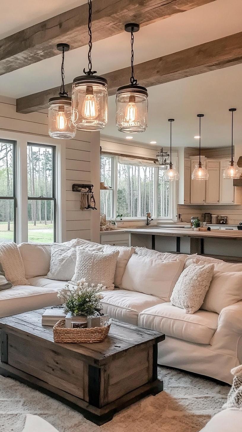 23 Best modern farmhouse living room ideas to inspire you 60 20. Soft ambient lighting with Masonglass-Kronlebelter-0