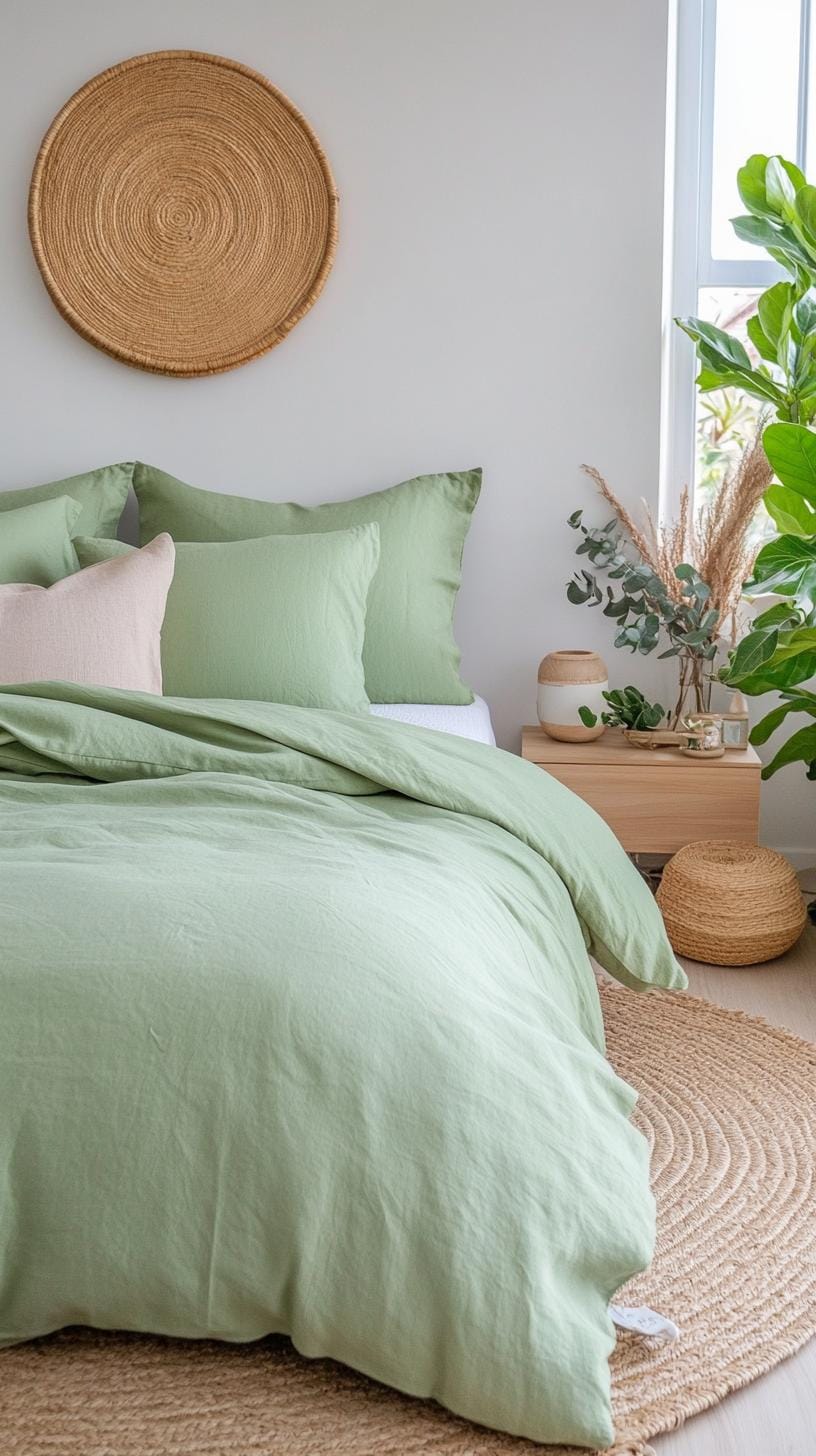 25 einzigartige Salbei grüne Boho Schlafzimmer Ideen für 2025 21 7. Weicher Minimalismus: Konzentrieren Sie sich auf saubere Linien mit grünem Bettwäscher und minimalistischer Holzeinrichtungen-0
