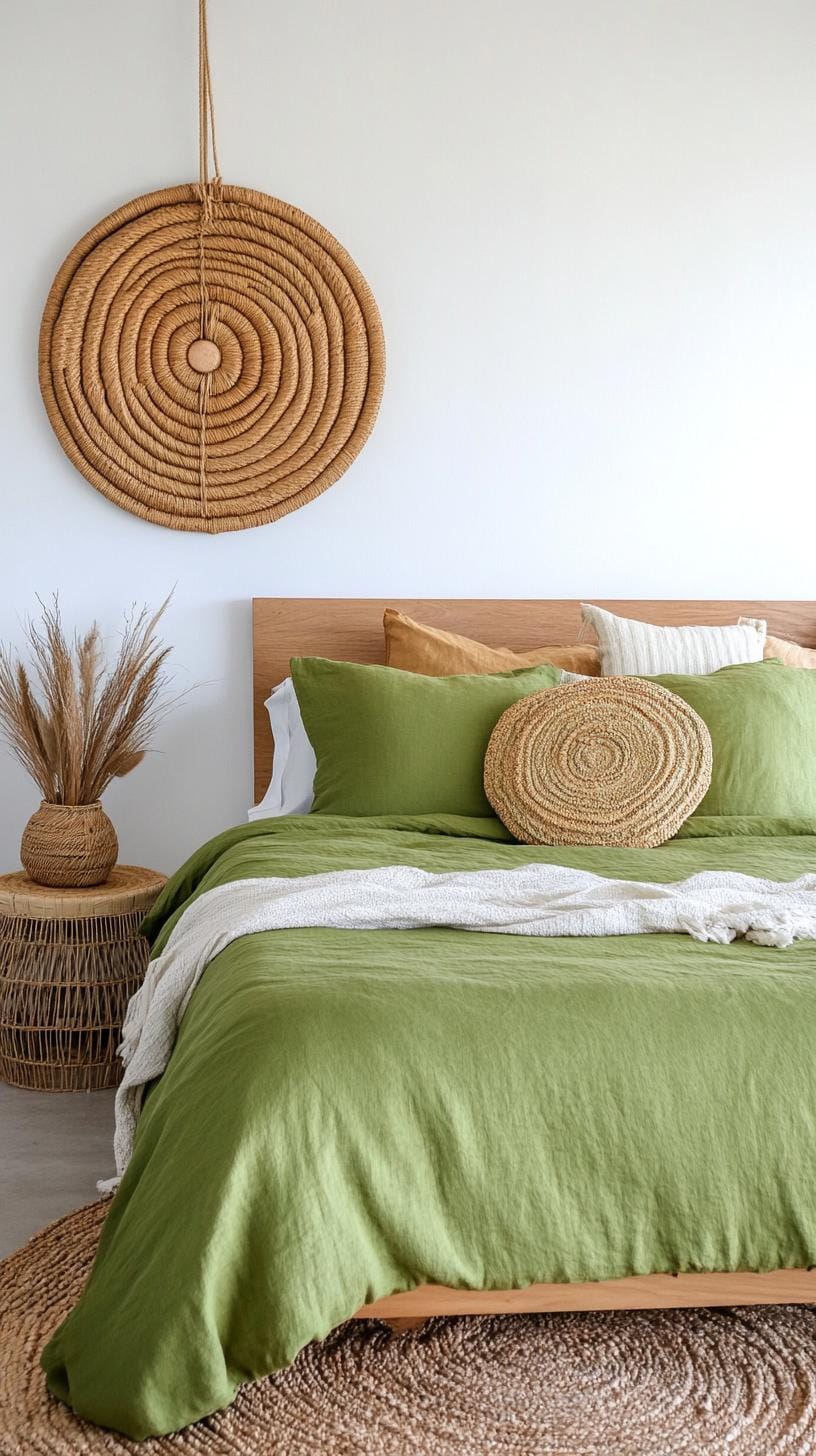 25 einzigartige Salbei grüne Boho Schlafzimmer Ideen für 2025 22 7. Weicher Minimalismus: Konzentrieren Sie sich auf saubere Linien mit grünem Bettwäscher und minimalistischer Holzeinrichtung-1