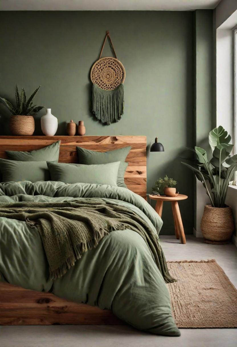 25 einzigartige Salbei grüne Boho Schlafzimmer Ideen für 2025 23 7. Weicher Minimalismus: Konzentrieren Sie sich auf klare Linien mit grünem Bettwäscher und minimalistischer Holzmöbel-2