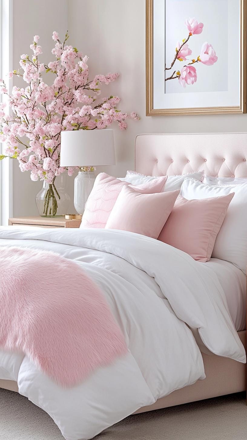 21 new bedroom ideas for your 2025 Refresh 34 11. Soft pink and pastel with artificial pelzic accentant-1
