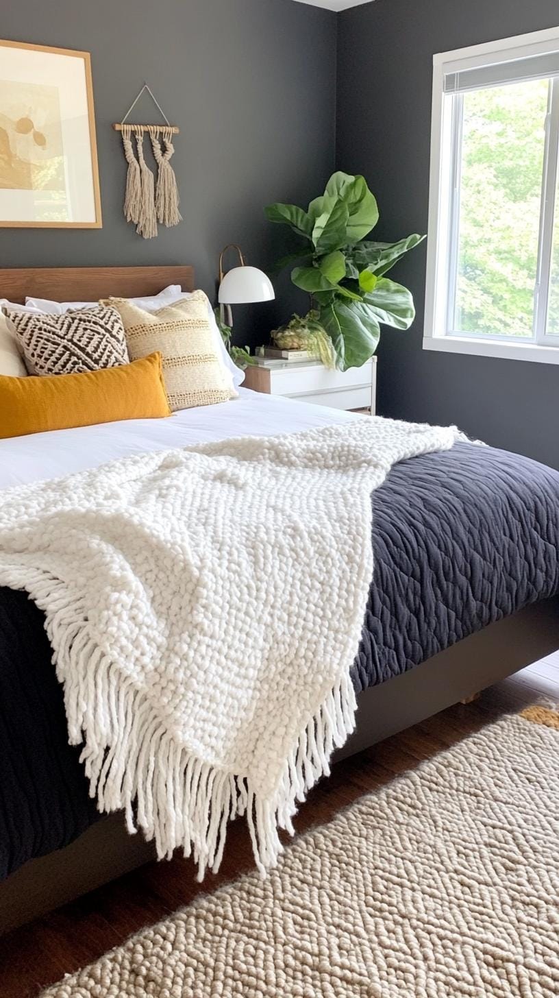 23 Recherent atmospheric Boho bedroom ideas for copying 57 19. Soft, snow-covered blanket over the dark bed for winter charm-0 draped