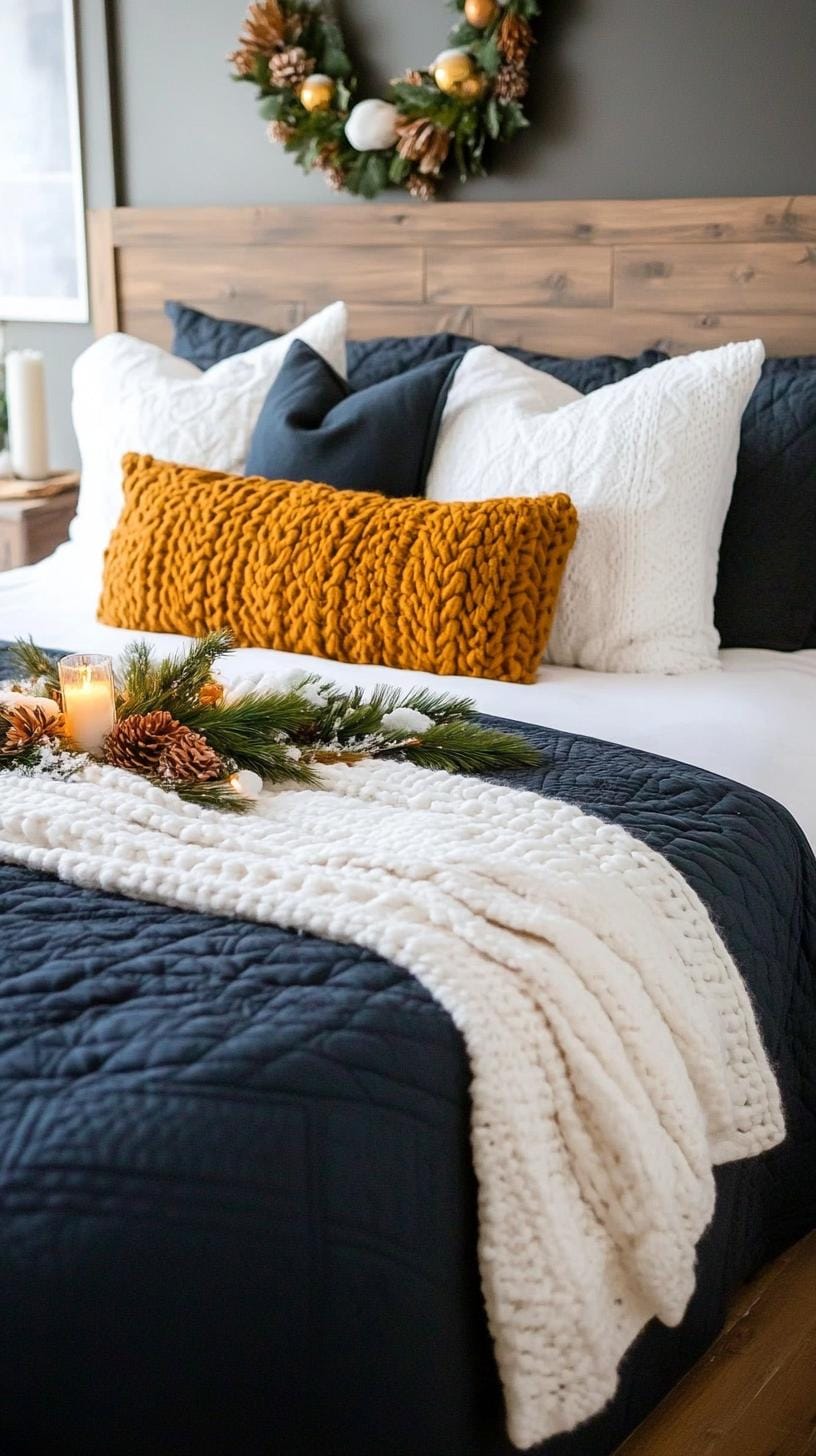 23 atmospheric Boho bedroom ideas to copy 58 19. Soft, snow-covered blanket over the dark bed for winter charm-1 draped