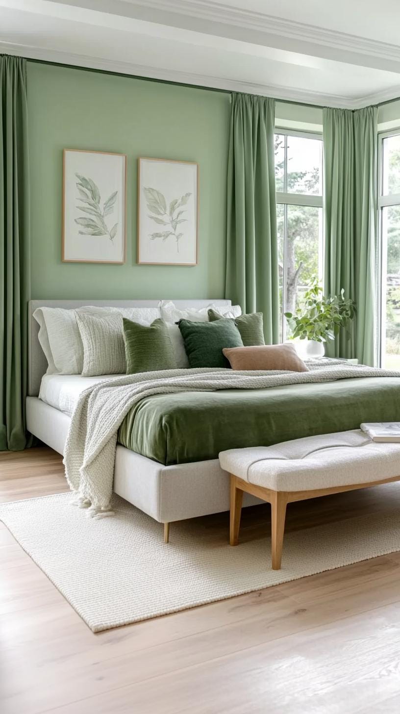 25 Trendy Sage Green Schlafzimmer Ideen für 2025 49 15. Raffinierte monochrome Palette mit unterschiedlichen Tönen von Salbei-Green-1