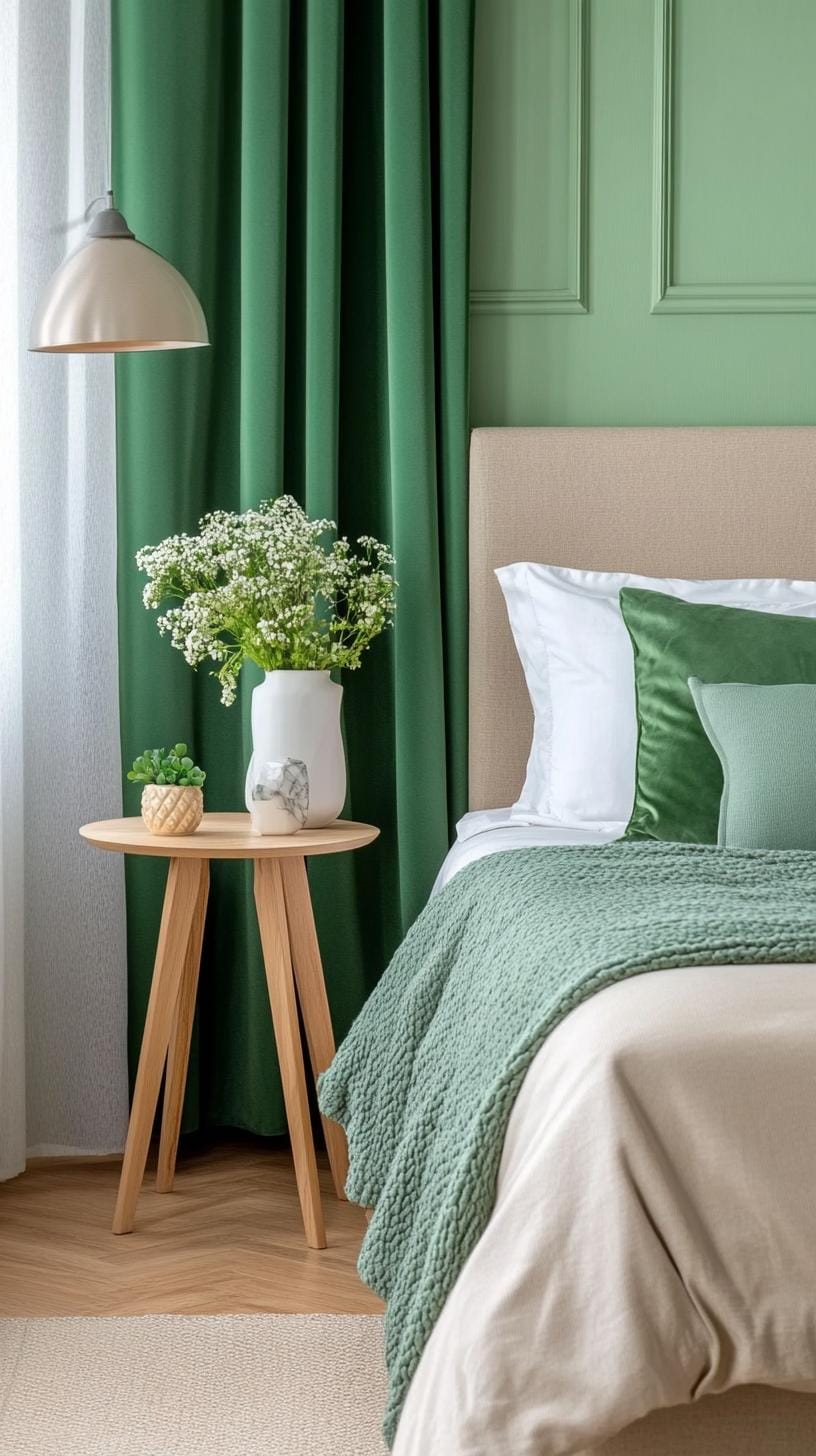 25 Trendy Sage Green Schlafzimmer Ideen für 2025 50 15. Raffinierte monochrome Palette mit unterschiedlichen Tönen von Sage Green-2