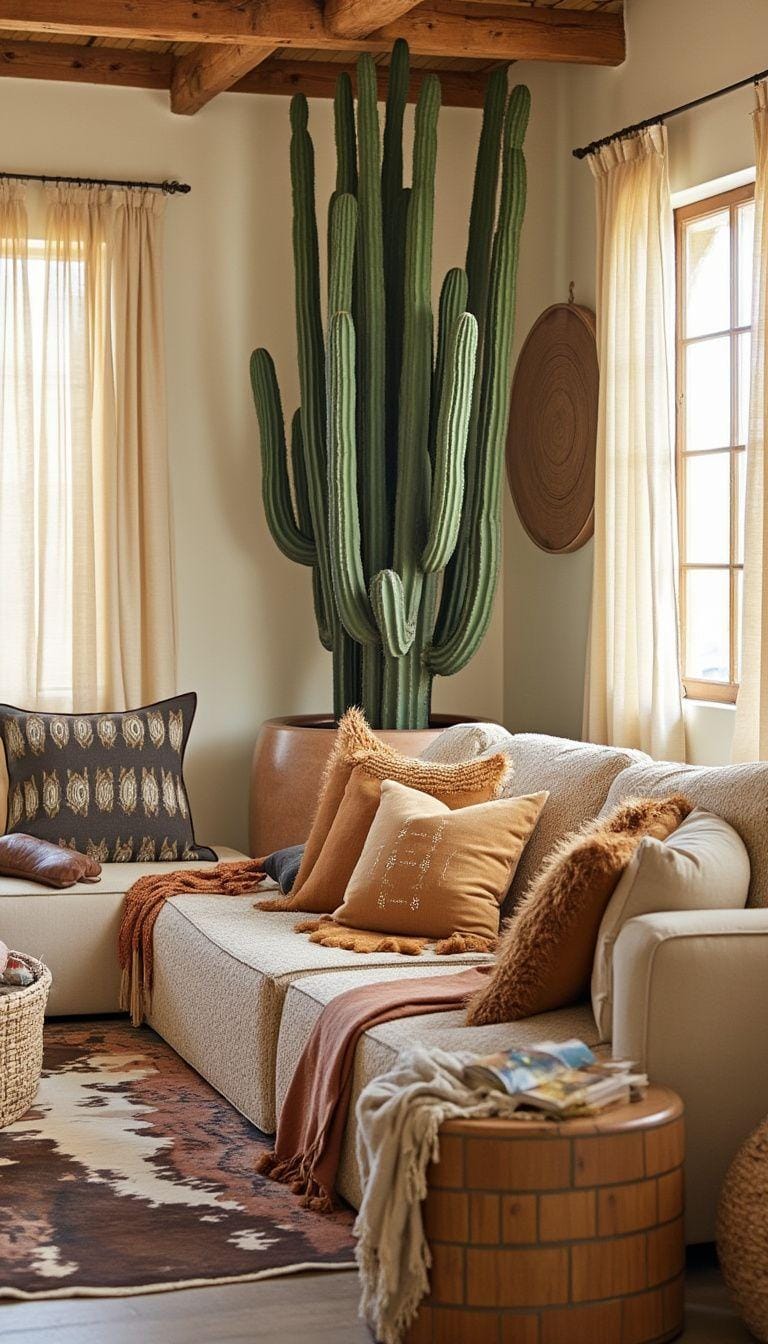 23 einzigartige Boho Farmhouse Wohnzimmer Ideen zum Kopieren 19 6. Southwest Serenity: Malen mit sonnenbleichten Tönen und Schicht Textilien wie Kuhlattenteppichen und Quastendecke, akzentuiert durch eine Aussage Cactus Plant-0
