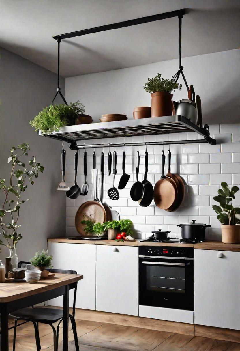 39 Clever Small Kitchen Ideas: Maximize Your Space with Stylish and Functional Designs 32 23. Space-Saving Pot Hanger Solution-0