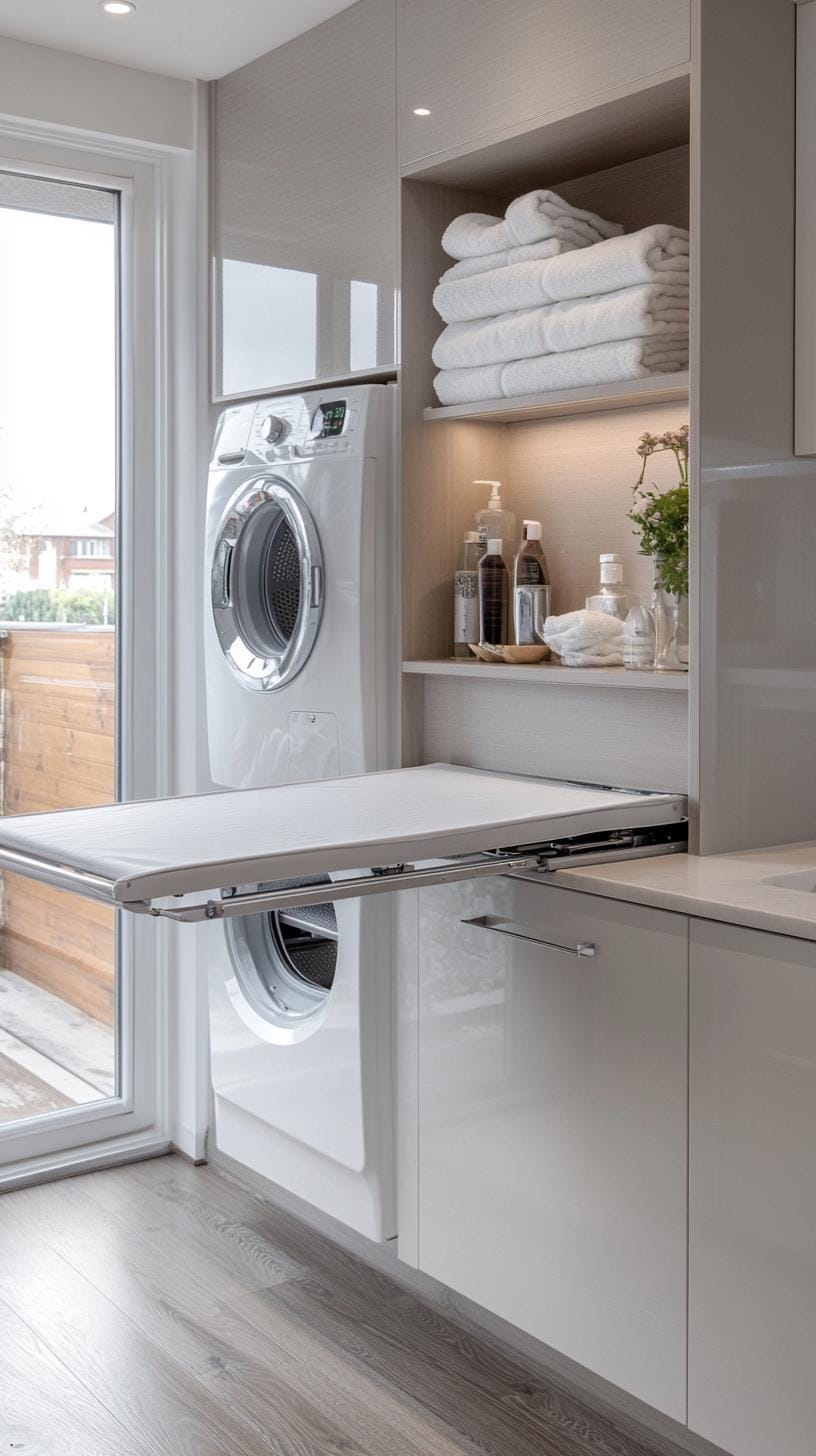 20 Genius Tiny laundry kitchen ideas: organization & stacked design 49 17. Space-saving, built-in ironing board installed in Cabinetry-1