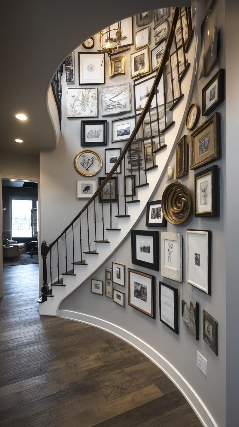 37 Gallery Wall Decor Ideas: Layouts And Styles to Elevate Any Room 16 5. Spiral formation where artwork radiates outward in a swirl-1