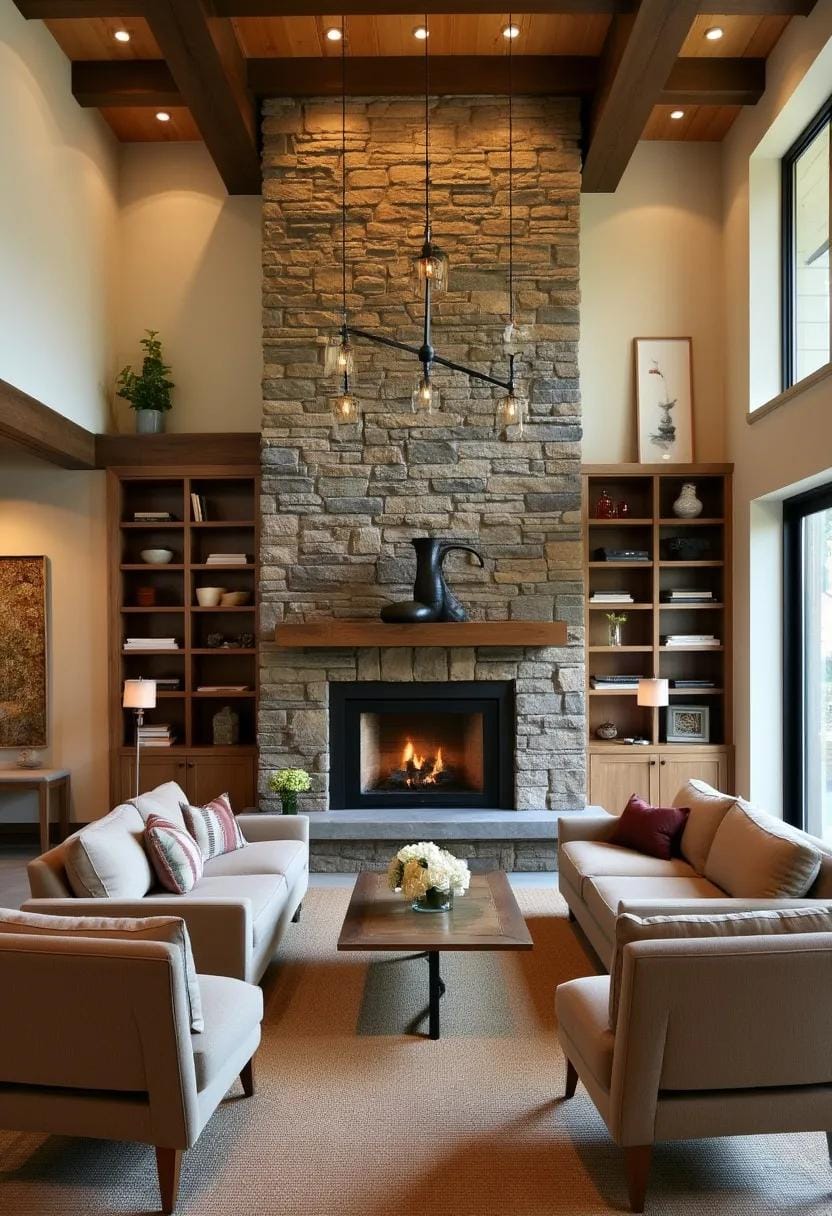 20 breathtaking middle of the century of modern fireplace-Makeover ideas 30 11. Living room on divided level with central stone fireplace column-0