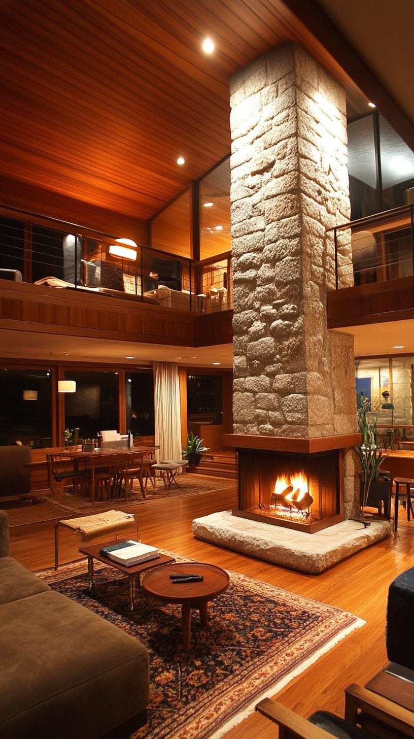 20 breathtaking mid-century modern fireplace-Makeover ideas 31 31 11. Living room on divided level with central stone fireplace column-1