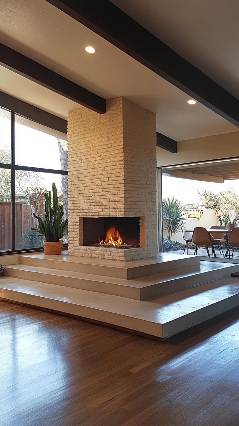 20 breathtaking in the middle of the century of modern fireplace-Makeover ideas 32 11. Living room on a shared level with central stone fireplace pillar-2