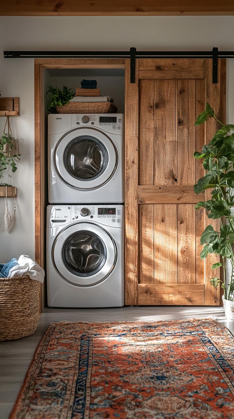20 Genius Tiny laundry kitchen ideas: organization & stacked design 3 1. Stacked white base slices behind natural wooden stall door cabinet-0