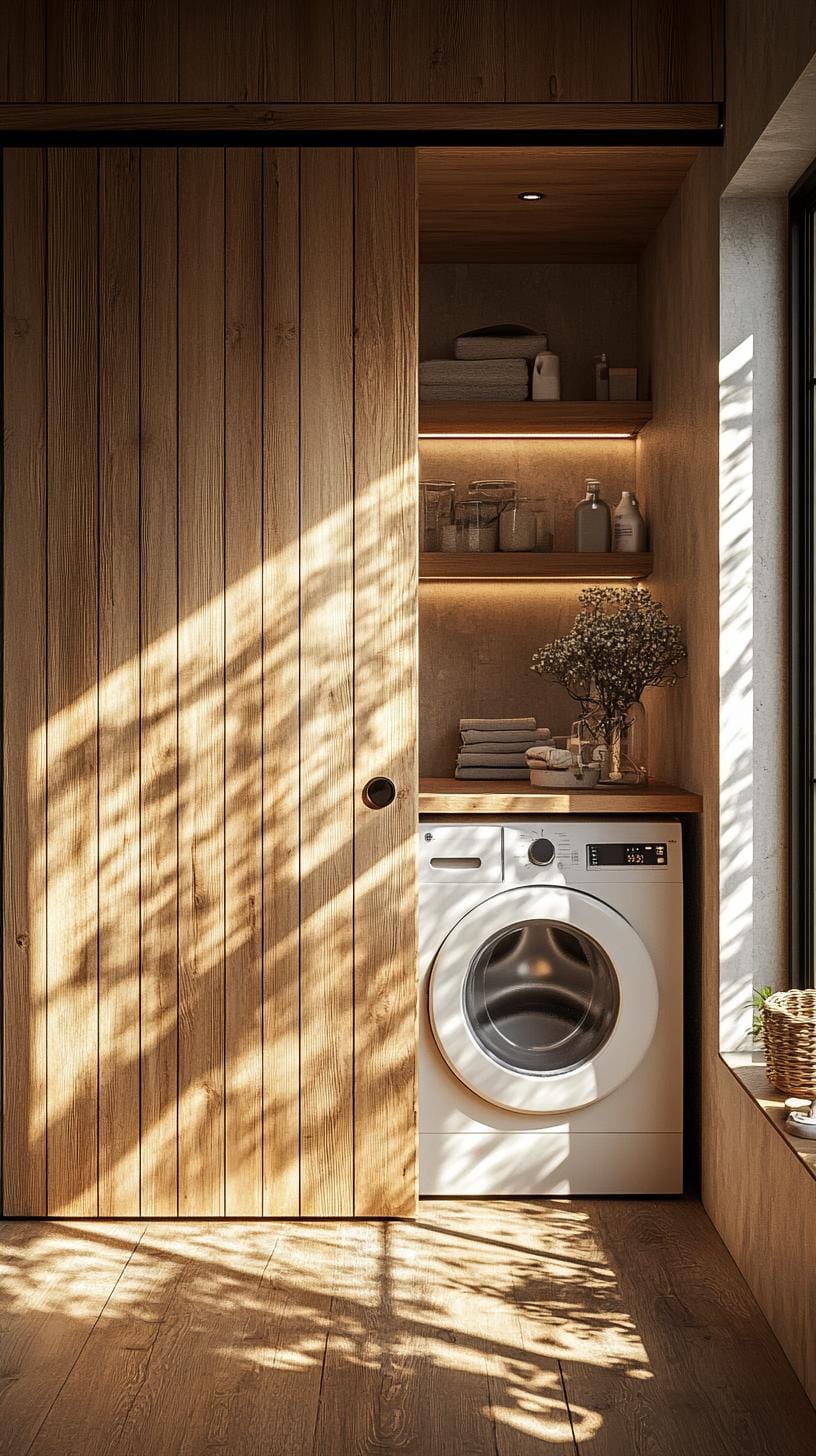 20 Genius Tiny laundry kitchen ideas: organization & stacked design 4 1. Stacked white base slices behind natural wooden stall door cabinet-1