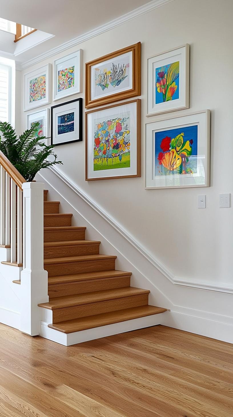 37 Gallery Wall Decor Ideas: Layouts And Styles to Elevate Any Room 30 10. Staircase step alignment with art staggered to follow the stair slope-0