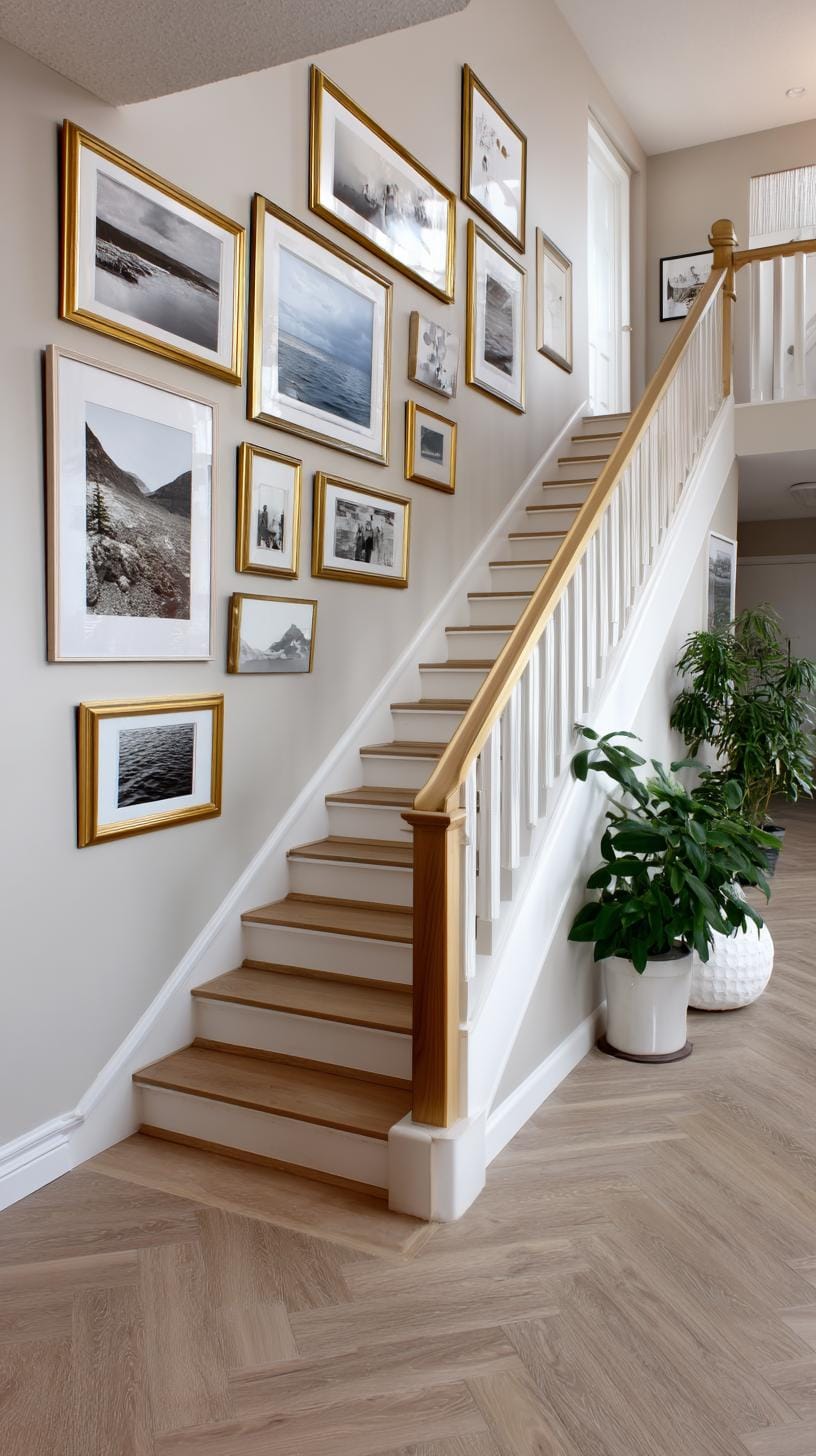 37 Gallery Wall Decor Ideas: Layouts And Styles to Elevate Any Room 31 10. Staircase step alignment with art staggered to follow the stair slope-1