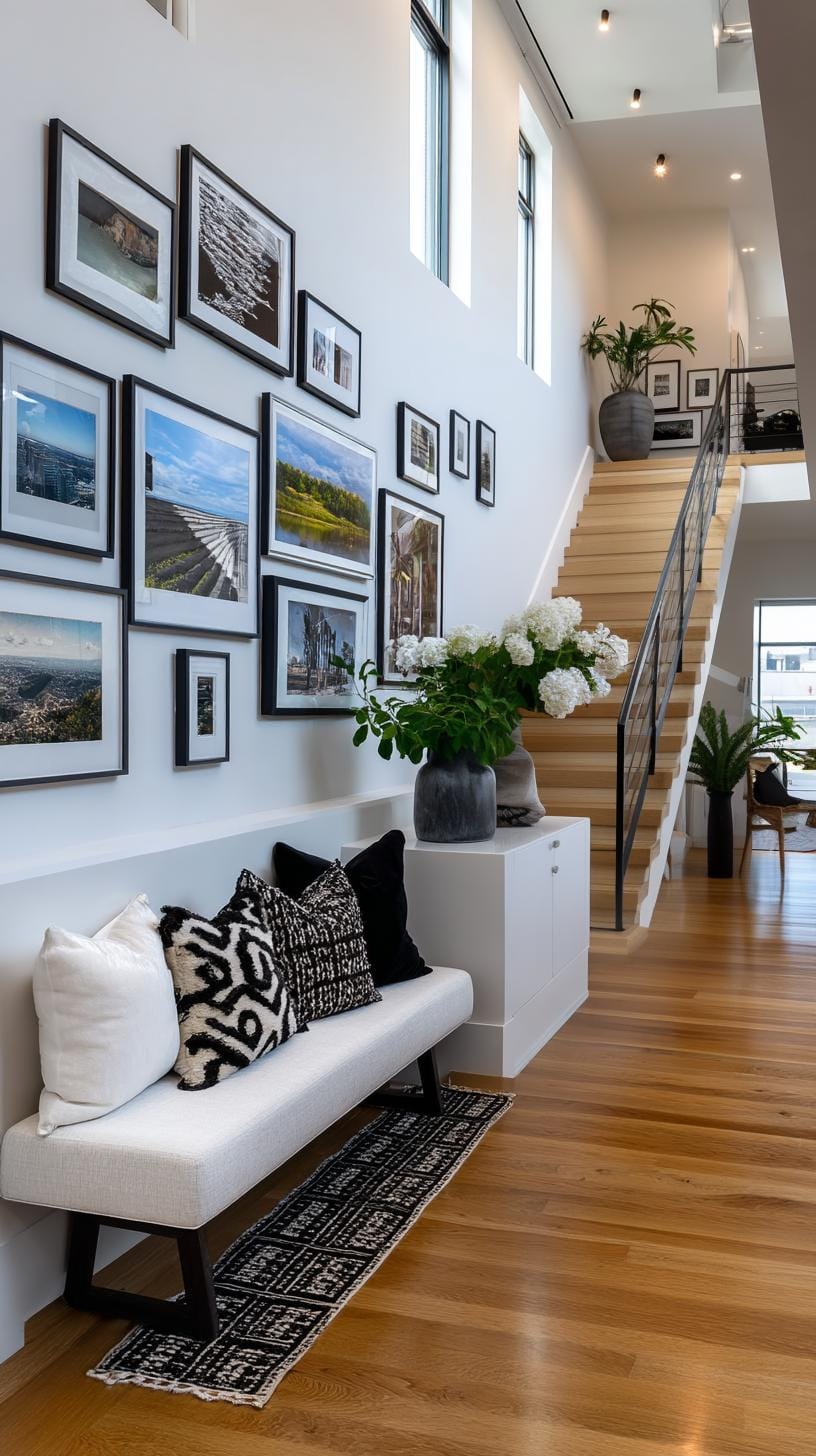 37 Gallery Wall Decor Ideas: Layouts And Styles to Elevate Any Room 32 10. Staircase step alignment with art staggered to follow the stair slope-2