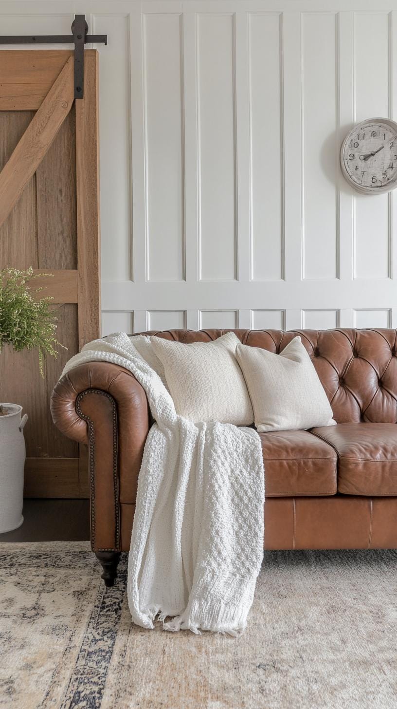 23 Best modern farmhouse living room ideas to inspire you 42 14. Statement leather sofa in the middle of soft cotton runs 0
