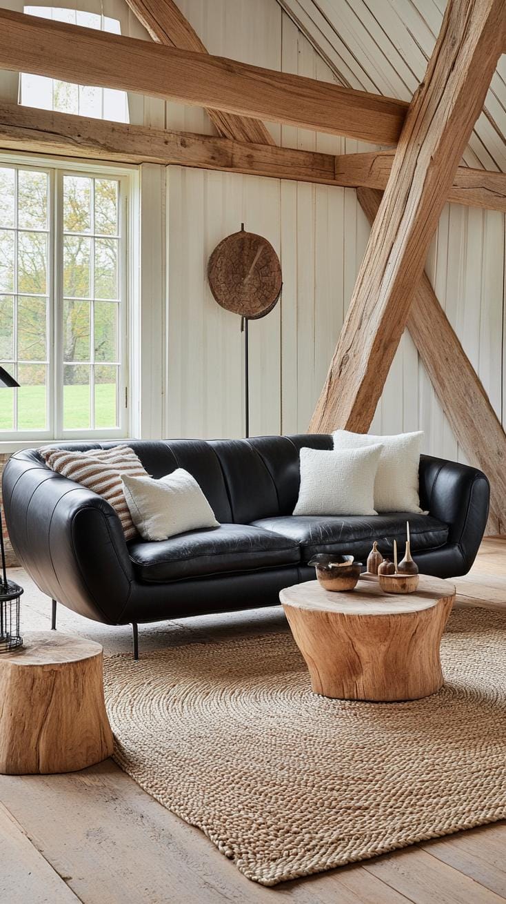 23 Best modern farmhouse living room ideas to inspire them 43 14. Statement leather sofa in the middle of soft cotton wages-1