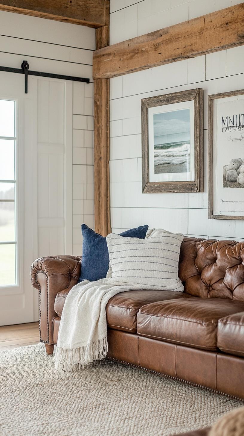23 Best modern farmhouse living room ideas to inspire you 44 14. Statement leather sofa in the middle of soft cotton wages-2