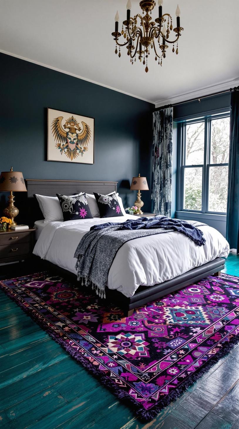 19 Best Gothic Boho bedroom ideas for a dreamy sanctuary 40 40 13. Statement Bohemian area carpet with deep purple and black, against a deep deep blue-green wooden floor-0