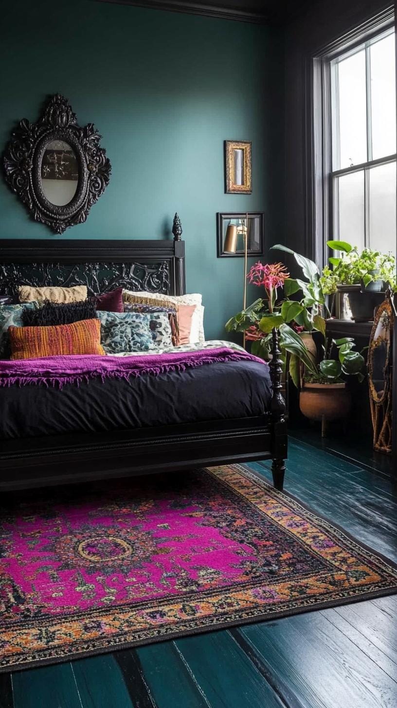 19 Best Gothic Boho bedroom ideas for a dreamy sanctuary 41 41 13. Statement Bohemian area carpet with deep purple and black, against a deep deep blue-green wooden floor-1