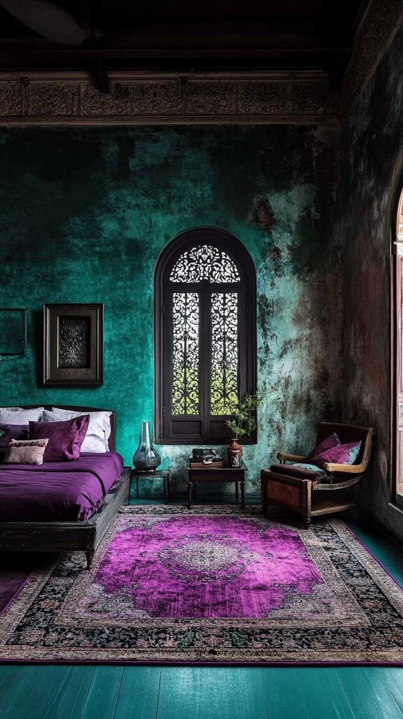 19 Best Gothic Boho bedroom ideas for a dreamy sanctuary 42 42 13. Statement Bohemian Area carpet with deep purple and black, against a deep-deep deep blue-green wooden floor-2