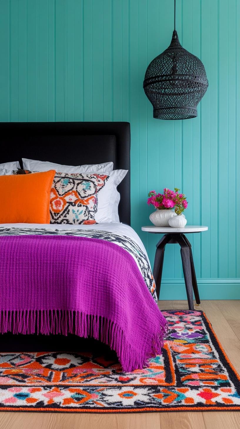 19 Best Gothic Boho bedroom ideas for a dreamy sanctuary 43 43 13. Statement Bohemian area carpet with deep purple and black, against a deep deep blue-green wooden floor 3